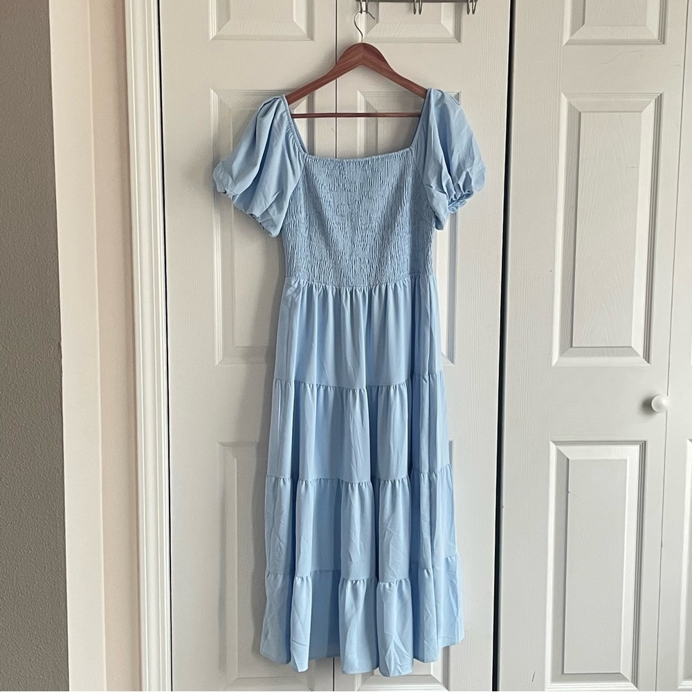 Light Blue Midi Dress with Puff Sleeves